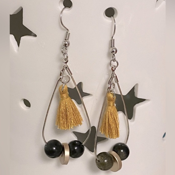 Handmade Golden Obsidian Natural Stone Hypoallergenic Teardrop Hoop Earrings - Picture 1 of 1